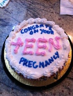 a birthday cake that says congratulations on your teen's pre - family written in blue and pink frosting