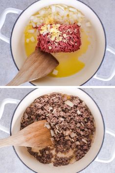 two pictures showing how to make meatloaf with onions and cheese in a pot