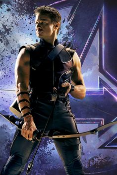 a man with a bow and arrow in front of the avengers logo, holding two swords