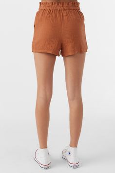 O'Neill Girl's woven pull-on short 2" Inseam Length, 10 1/2" Rise Length Paper Bag Elastic Waistband Front Hip Pockets 100% Cotton Crinkle Double Gauze | O'Neill Girl's Carlita Crinkle Double Gauze Shorts in Sierra, Size Small Casual Elastic Short Length Bottoms, Elastic Waistband Shorts With Short Inseam, Short Inseam Elastic Waistband Shorts, Shorts With Elastic Waistband And Short Inseam, Casual Elastic Bottoms With Short Leg, Summer Brown Shorts With Elastic Waistband, Brown Summer Shorts With Elastic Waistband, Solid Color Shorts With Elastic Waistband, Brown Athletic Shorts With Built-in Shorts For Summer