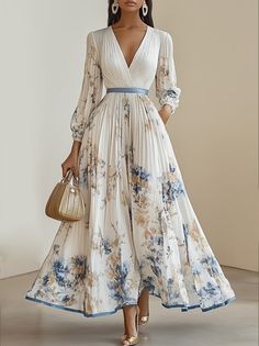 Guest Wedding Dresses Summer, Summer Dresses Flowy Long, Modest And Elegant Dresses, Boho Style Dresses Summer, Elegant Womens Outfits, Elegant Aesthetic Clothes, Long Sleeved Formal Dresses, V Neck Maxi Dress With Sleeves, Modest Fancy Dress