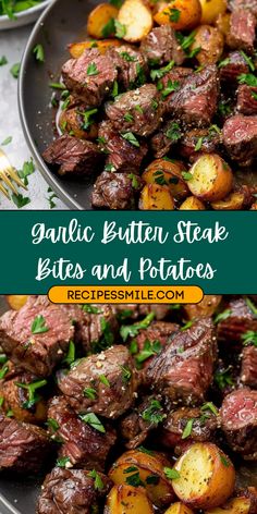 garlic butter steak bites and potatoes on a plate