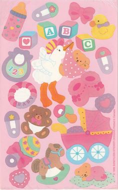 a pink card with lots of baby items on it