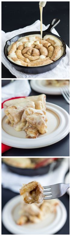 some food is being poured on top of the pie and it's ready to be eaten