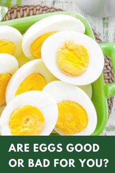 an egg tray with hard boiled eggs and the words are eggs good or bad for you?