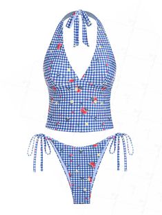 Seamolly Gingham Floral Printed Halter Tie Side Chic Tankini Set Coquette Swimsuit, Swimsuits Outfits, Vintage Swimsuits, Tankini Set