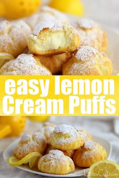 lemon cream puffs on a plate with lemons in the background and text overlay that reads easy lemon cream puffs