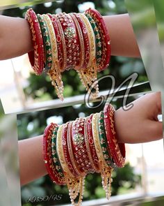 Traditional Indian Multi Color Wedding Chura Set. Decorated With Beautiful Hand Painting & Hanging Metal Chain Of Pearls. The Beautiful Combination of Red, Green & Cream Is Making This Ensemble Exclusive. This Captivating Set Of Bangles Is Guaranteed To Bring You Lots Of Compliments. This is a set of 22 Bangles (11 For Each Hand). Heavy Red Traditional Wear For Festive Occasions, Red Tilla Bridal Sets For Marriage, Red Bridal Sets With Tilla For Marriage, Red Kundan Bangle With Zari Work, Red Bangle Jewelry For Marriage, Red Bangle For Marriage, Red Bollywood Traditional Wear Gift, Red Traditional Wear For Marriage, Red Traditional Marriage Wear