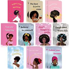 six book covers with different black women in pink, blue and white designs on them