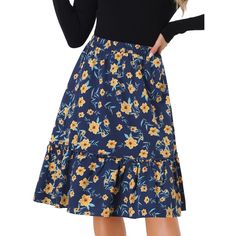 Made of floral-printed fabric, this midi skirt is high-waisted featuring an A-line silhouette. This flowy midi skirt with a tiered design and vintage allover floral prints. Featuring an A-line and tiered details, it is a summer casual skirt to be paired well with a top and sandals for a cute day look and with a stylish T-shirt and vintage high heels for a charming inspired look. Casual Summer Skirt, Vintage High Heels, Midi Skirt With Pockets, Ruffle Fabric, Midi Flare Skirt, Floral Midi Skirt, Women's Skirts, Floral Ruffle, Casual Skirt