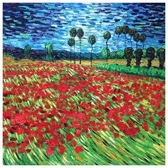 a painting of red flowers in a field