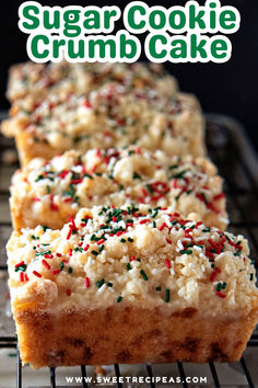 three sugar cookie crumb cake bars cooling on a rack with sprinkles