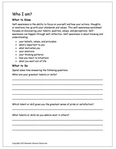 This worksheet asks teens to think about their identity, including their strengths and weaknesses, and their best qualities, skills, or talents they want to develop. It also asks teens to consider how other people see them, but in their public life and private life. 9 pages. People Pleasing Worksheets, Social Skills For Adults, Who Am I Worksheet, List Of Talents, Questions For Family, Teen Therapy Activities, Spices Chart, Emotional Journal, Strength And Weakness