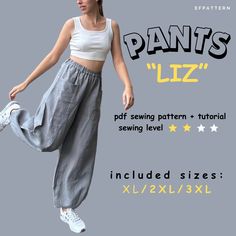 a woman in white top and grey pants with text overlay that reads pants liz