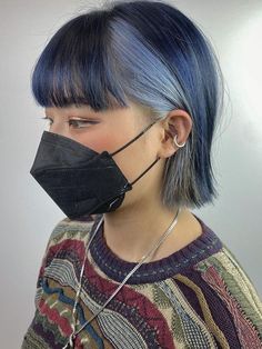 2 Tone Blue Hair, Blue Hair Color Ideas For Short Hair, Kpop Idols Blue Hair, Blue Color Block Hair, New Jeans Hair, Denim Hair Color, Gray Blue Hair, Blue Lob, Aesthetic Blue Hair