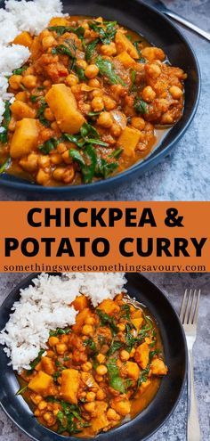 chickpea and potato curry with white rice in a black bowl