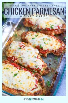 chicken parmesan in a baking pan with text overlay