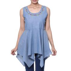 India's Sandip Agarwal creates a blouse to keep you in style for the warmer months. The blue cotton top features a gracefully flared asymmetrical peplum that flatters any figure. Colorful floral embroidery adorns the neckline and the sleeveless pullover will keep you fashionable and cool. Spring Cotton Blouse With Asymmetrical Hem, Blue Sleeveless Embroidered Top For Summer, Festive Sleeveless Embroidered Top, Casual Sleeveless Top With Embroidered Hem, Fitted Cotton Blouse With Asymmetrical Hem, Sleeveless Cotton Blouse With Floral Embroidery, Asymmetrical Cotton Blouse For Spring, Summer Sleeveless Embroidered Cotton Top, Fitted Sleeveless Embroidered Top