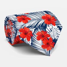 Tropical Foliage Red Floral Hibiscus Neck Tie | Zazzle.com Feminine Pattern, Hibiscus Design, Flowers Hibiscus, Lilly Pad, Flowers Tropical, Red Hibiscus, Navy Blue Background, Suit Accessories