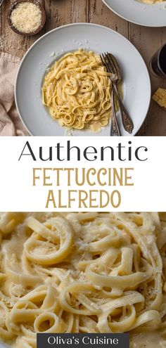 the cover of authentic fettuccine alfredo is shown with two plates of pasta