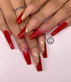 Nail Designs In Red Color, New Years Nail Designs Red, Red And Gold Wedding Nails, Red White And Gold Nail Designs, Red And Gold Acrylic Nails Designs, Red Long Nails Acrylic, Nail Art Simple Red, Fall Red Nails Designs, Red Gold Black Nails