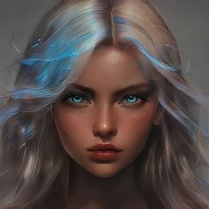 a digital painting of a woman with blue eyes and long blonde hair, looking at the camera