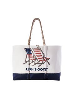 A life's a beach summer inspired Sea Bag Life is Good Tote for carrying the essentials for a day of sun and surf. Nautical Beach Bags For Summer, Nautical Beach Tote Bag, Nautical Tote Beach Bag, Beachy Weekend Tote Bag, Summer Nautical Style Tote Bag, Summer Weekend Shoulder Beach Bag, Beachy Bags For Weekend Beach Season, Nautical Tote Bag For Vacation, White Nautical Bags For Summer