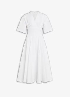 POPLIN DRESS Modern V-neck Spring Dresses, Modern V-neck Dresses For Daywear, Modern V-neck Midi Dress For Spring, White V-neck Dress With Pleated Waist, White Poplin Dress, Best Corset, Summer Candles, Corset Belt, Poplin Dress