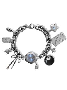 Sweet as can be ౨ৎ Introducing the 'ON THE WAY' charm bracelet - featuring the most precious pendants paired alongside a baby blue watch face, this accessory is bound to become a treasured piece in your jewelry collection. Trust us, compliments are waiting... ♡ Made with stainless steel chain, cubic zirconia and rhodium plated over stainless steel pendants. ♡ Battery powered watch face (battery included). ♡ Included charms: Ballet slipper, CZ tag, teddy bear, ribbon bow, custom CZ letter, custom Star Locket, Dope Jewelry Accessories, Digital Closet, Blue Watches, Photo Charms, Jewelry Accessories Ideas, Dope Jewelry, Watch Bracelet, Locket Charms