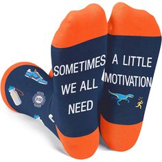 PRICES MAY VARY. 80% Cotton / 15% Polyamide / 5% Elastane Pull On closure Machine Wash FUNNY RUNNING SOCKS: These dark blue running socks feature running shoes, water bottles, watches, and headphones. They also have "SOMETIMES WE ALL NEED A LITTLE MOTIVATION" featured on the sole. SIZE & PACKAGE: Our unisex design fits most men's US size 6-13 feet and most women's US size 7 and up. Each pair of funny socks comes in a plastic zippered bag. QUALITY MATERIAL: Our novelty socks are made of 80% cotton, 15% polyamide and 5% elastane to ensure they are soft, comfortable, stretchy and breathable. They won't fade and are machine washable. GIFTS FOR RUNNERS: Running socks make great gifts for runners, whether they are cross country runners, marathon runners, or simply enjoy running as a hobby. Casual Sweat-resistant Running Socks, Funny Blue Socks For Gift, Blue Anti-odor Sports Socks, Non-slip Casual Sports Socks, Casual Non-slip Socks For Sports Events, Blue Anti-odor Socks For Outdoor, Casual Blue Socks With Letter Print, Comfortable Durable Socks For Sports, Comfortable Durable Sports Socks