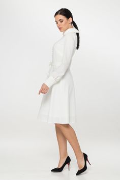 Classic A-line Midi Dress For Wedding, Elegant Fit And Flare Midi Wedding Dress, Elegant Wedding Fit And Flare Midi Dress, Elegant A-line Shirt Dress With Button Closure, White A-line Tea Length Formal Dress, Elegant A-line Midi Dress With Button Closure, Classic White A-line Shirt Dress, Chic A-line Long Sleeve Wedding Dress, White Long Sleeve Midi Dress For Semi-formal Occasions