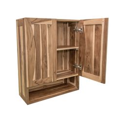 an open wooden cabinet on a white background