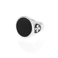 Product shot of Round Onyx Signet Ring w/ MB Cross Detail Timeless Black Signet Ring With Gemstone, Adjustable Black Symbolic Signet Ring, Symbolic Black Oval Jewelry, Black Symbolic Signet Ring With Polished Finish, Symbolic Black Round Signet Ring, Black Symbolic Signet Ring, Black Spiritual Round Rings, Spiritual Black Onyx Rings, Black Onyx Signet Ring