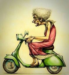 a drawing of an old woman on a scooter