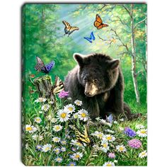 a painting of a black bear surrounded by butterflies and daisies in a forest setting