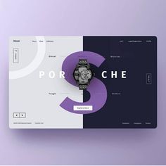 a purple and white web page with a watch on the front, an advertise for porche