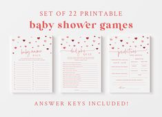 three baby shower games with hearts on them and the text, set of 22 printable baby