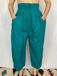 "Please note: These pants were made to order - please check the measurements as the waist and length as these pants are petite. Details: - beautiful 100% cotton pants - high waist and wide leg - two front pockets - zipper fly with button closure - made in Italy in the 80s Measurements: - length (waist to hem) - 34.5\" - inseam - 21.5\" - waist - 25\" - hips - 42\" Tag: - touche, made in Italy, 40 Condition: - Excellent vintage condition. No damage to report. Please see all photos and check measu Retro High-waisted Relaxed Fit Pants, Retro Relaxed Fit Bottoms With Elastic Waistband, Vintage Summer Pants With Belt Loops, Retro Relaxed Fit Long Bottoms, Relaxed Fit Retro Straight Pants, Retro Relaxed Fit Straight Pants, Retro Relaxed Fit Long Pants, Vintage Wide Leg Pants With Elastic Waistband, Retro Straight Pants Relaxed Fit