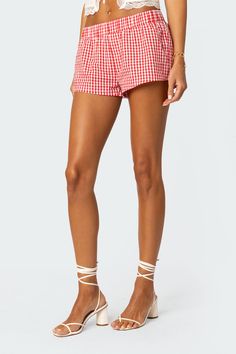 Gingham Boxer Shorts – edikted Spring Vacation Gingham Bottoms, Summer Plaid Bottoms For Vacation, Summer Plaid Shorts With Built-in Shorts, Cotton Pajama Shorts For Summer, High Waist Plaid Summer Bottoms, Trendy Gingham Shorts, Summer High Waist Cotton Pajama Shorts, Summer Vacation Plaid Shorts, Summer Gingham Bottoms With Elastic Waistband