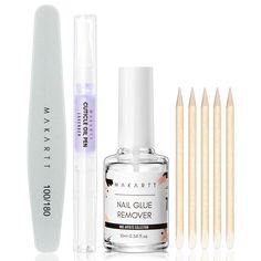 PRICES MAY VARY. [Easy application and Quick Removal] - The nail art supplies kit for press on nails removal comes with brush on nail glue debonder of 10ML,cuticle Nutritional Oil 5 ml, a 100/180 grit nail buffer and 5 wooden sticks. It's easy and convenient to remove the glue on nails or press on nails with the kit and the cuticle oil provides a nice after-care for your manicure and pedicure. [Time Saving, Money Saving and Labour Saving] - The press on nails remover is moeny saving than removal Remove Fake Nails, Nail Glue Remover, Nail Care Kit, Gel Nail Removal, Glue Remover, Gel Glue, Cuticle Care, Oil Pen, Nail Remover