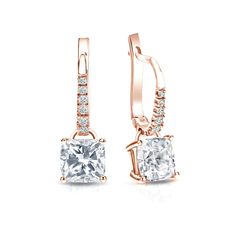 Dangle studs 4-Prong Basket set diamond earrings make a stylish statement in beauty. These 14k rose gold diamond earrings sparkle with a 2.00 ct. cushion-cut natural diamonds as center stone and 0.10 ct. total weight of small round diamonds as side stone, together with a total weight of 2.10 ct. in lever back clasps. Black Diamond Pendant, Yellow Gold Diamond Earrings, Black Diamond Studs, Halo Diamond Earrings, Solitaire Diamond Pendant, Colored Diamond Rings, Basket Setting, Basket Set, Black Diamond Ring