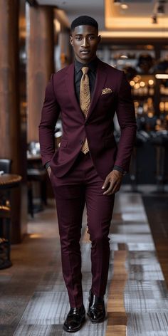 Red Black And Gold Mens Suit, Men’s Wedding Outfit Casual, Chocolate Suits For Men, Burgundy Mens Outfit, Burgundy Groom Suit And Groomsmen, Wedding Ideas Men, Black Burgundy And Gold Wedding, Lame Outfits, Maroon And Black Wedding