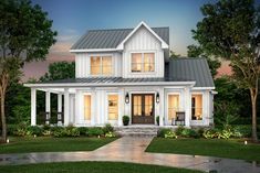 a white two story house with porches and windows