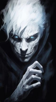 an evil looking man with white hair and blue eyes, holding his hand to his chest