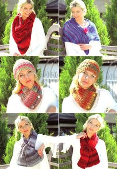 four different pictures of a woman wearing a knitted hat, scarf and cowl