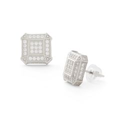 These men's vintage-style stud earrings fashioned in sterling silver each feature a square-shaped center composite of petite round cubic zirconia. An ornate frame of additional cubic zirconia surrounds the center composite. The earrings are secured with friction backs. Vintage Mens Fashion, Ornate Frame, Silver Prices, Sterling Silver Earrings Studs, Earring Backs, Designer Earrings, How To Take Photos, Personalized Jewelry, Fashion Earrings