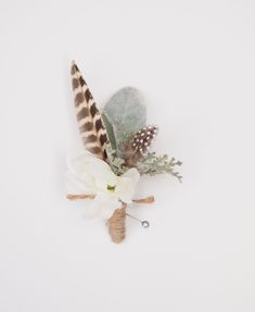 an arrangement of flowers and feathers on a white background