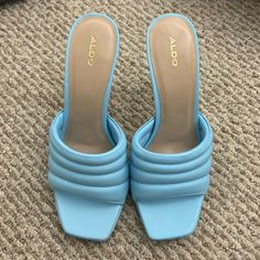 Super Pretty But Never Got To Wear Them! Light Blue Open Heel Synthetic Sandals, Light Blue Synthetic Open Heel Sandals, Blue High Heel Synthetic Mules, Trendy Blue Open Toe Mules, Blue Mules For Spring Party, Trendy Blue Slip-on Mules, Light Blue High Heel Synthetic Sandals, Blue Party Mules For Spring, Light Blue Cushioned Sandals For Spring