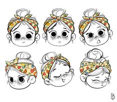 a set of six cartoon heads with different hair styles and bows on their headbands