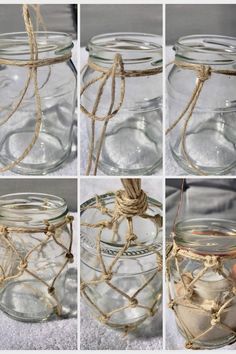 four images show how to make a mason jar with rope and glass jars for candles